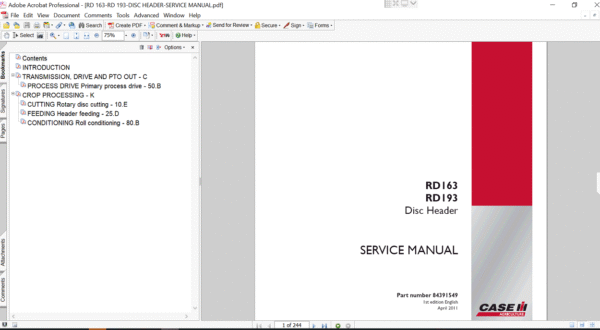 Service Repair Manual for Case IH RD163 Disk Header, displaying key repair procedures and illustrations for effective maintenance