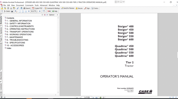 Operator's Manual for Case IH Steiger 550 tractor, detailing specifications, maintenance, and operational guidelines