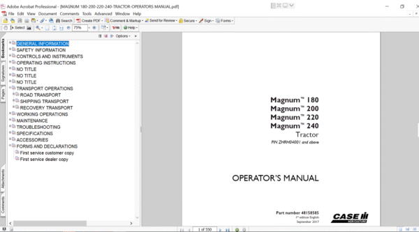 Operator's Manual for Case IH Magnum 240 Tractor, detailing features, maintenance, and operation guidelines