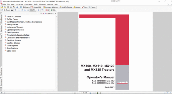 Case MX 110 tractor operator's manual, providing essential information on usage, maintenance, and safety procedures