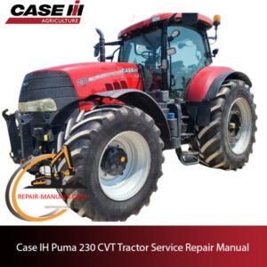 Service repair manual cover for Case Puma 230 CVT tractor, featuring technical illustrations and detailed maintenance instructions