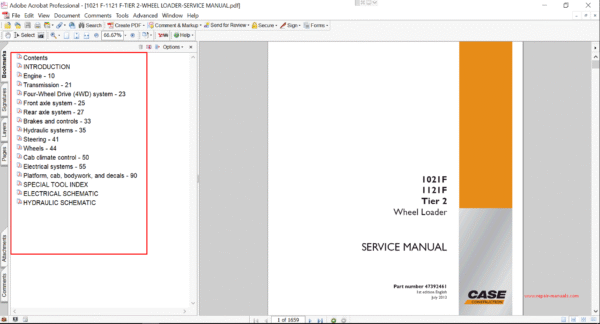 Service repair manual for Case 1021F Wheel Loader, including maintenance tips and technical specifications with highlighting repair procedures