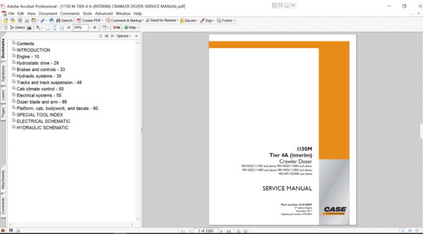 Cover of the service repair manual for Case 1150M Dozer, including maintenance tips and technical specifications with highlighting repair procedures
