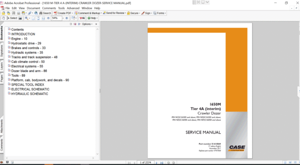Service repair manual cover for Case 1650M Dozer, featuring technical illustrations, detailed repair and maintenance instructions