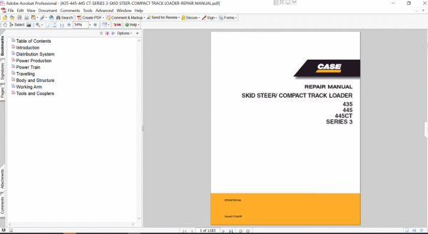 Service repair manual for case 445ct series 3 skid steer, displaying key repair procedures and maintenance instructions