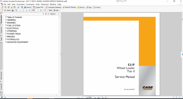 Service repair manual for Case 521F Wheel Loader, displaying key repair procedures and maintenance instructions