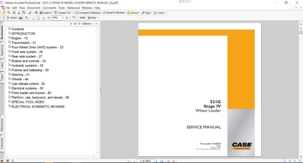 Service repair manual for Case 521G Wheel Loader, including maintenance tips and technical specifications with highlighting repair procedures