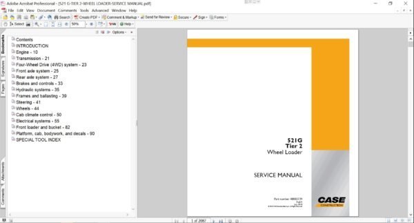 Service repair manual for Case 521G Wheel Loader, including maintenance tips and technical specifications with highlighting repair procedures