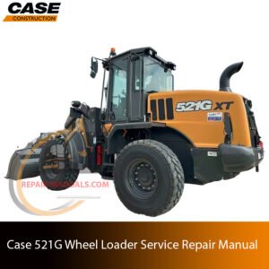Service repair manual cover for Case 521G Wheel Loader, featuring technical illustrations, detailed repair and maintenance instructions