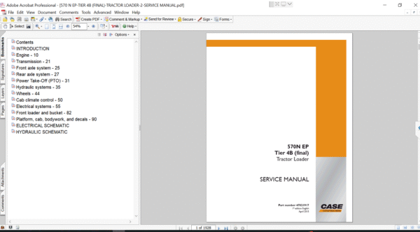 Service repair manual cover for Case 570N EP Tractor Loader, featuring technical illustrations, detailed repair and maintenance instructions