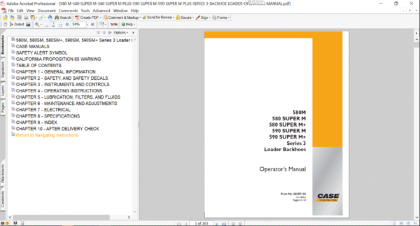 The Operator’s Manual for Case 580M Backhoe Loader, featuring the Case logo and model name with a technical illustration or photo of the backhoe loader