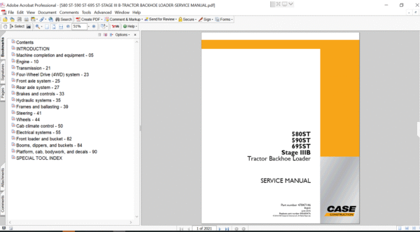 Cover of the service repair manual for Case 580ST Backhoe Loader , including maintenance tips and technical specifications with highlighting repair procedures