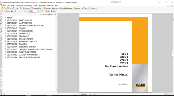 Service repair manual cover for Case 580ST Backhoe Loader, featuring technical illustrations, detailed repair and maintenance instructions