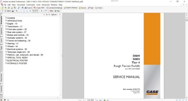Service repair manual for Case 586H Forklift, including maintenance tips and technical specifications with highlighting repair procedures