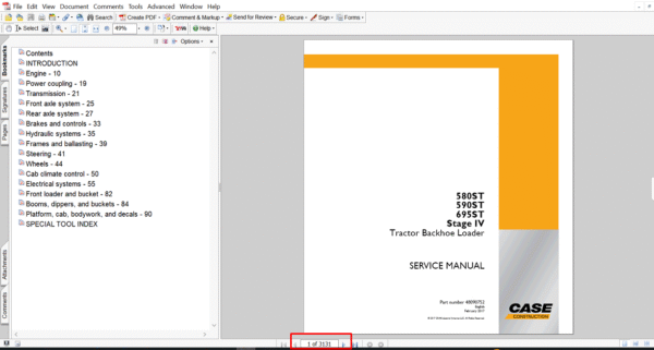 Service repair manual for Case 590ST Backhoe, displaying key repair procedures and maintenance instructions