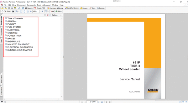 Service repair manual for Case 621F Wheel Loader, including maintenance tips and technical specifications with highlighting repair procedures