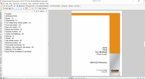 Service repair manual for Case 621G Wheel Loader, displaying key repair procedures and maintenance instructions