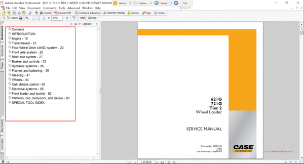 Service repair manual for Case 621G Wheel Loader, including maintenance tips and technical specifications with highlighting repair procedures