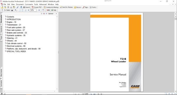 Cover page of the Service Repair Manual for Case 721E Wheel Loader, including technical maintenance and repair procedures