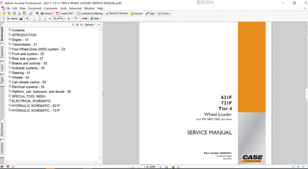 Service repair manual cover for Case 721F Wheel Loader, featuring technical illustrations, detailed repair and maintenance instructions