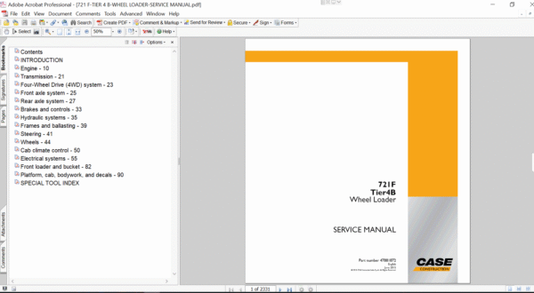 Service repair manual for Case 721F Wheel Loader, including maintenance tips and technical specifications with highlighting repair procedures