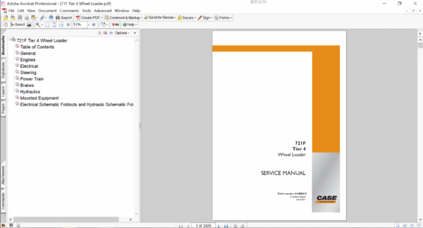 Service repair manual for Case 721F Wheel Loader, including maintenance tips and technical specifications with highlighting repair procedures