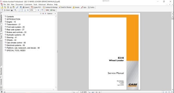Service repair manual for Case 821E Wheel Loader, including maintenance tips and technical specifications with highlighting repair procedures