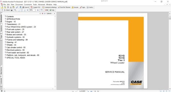 Service repair manual for Case 821G Wheel Loader, including maintenance tips and technical specifications with highlighting repair procedures