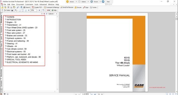 Service repair manual for Case 821G Wheel Loader, including maintenance tips and technical specifications with highlighting repair procedures