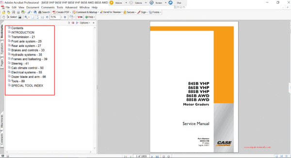 Service repair manual for Case 845B VHP Motor Grader, including maintenance tips and technical specifications with highlighting repair procedures