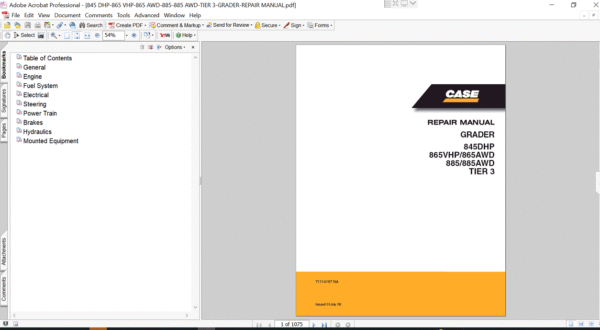 Service repair manual for case 885 motor grader, displaying key repair procedures and maintenance instructions