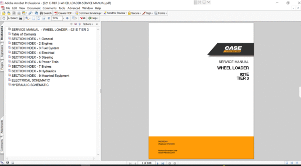 Cover of the service repair manual for Case 921E Wheel Loader, including maintenance tips and technical specifications with highlighting repair procedures