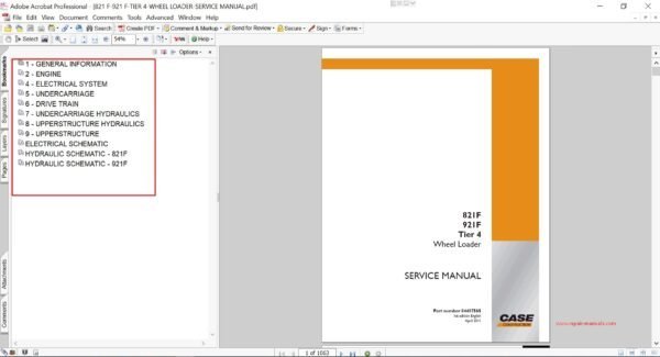 Service repair manual for Case 921F Wheel Loader, including maintenance tips and technical specifications with highlighting repair procedures