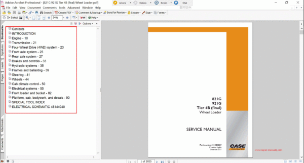Service repair manual for Case 921G Wheel Loader, including maintenance tips and technical specifications with highlighting repair procedures