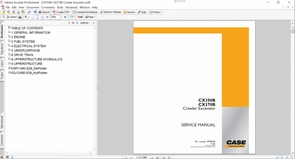 Service repair manual for Case case CX370b excavator, including maintenance tips and technical specifications with highlighting repair procedures