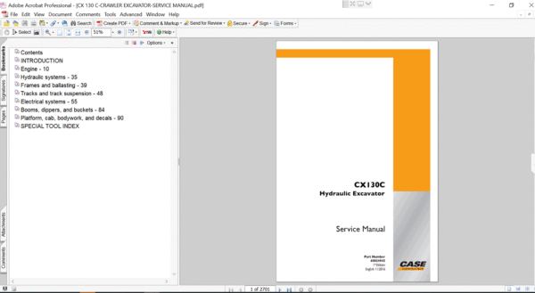 Cover of the service repair manual for case cx130c excavator, including maintenance tips and technical specifications with highlighting repair procedures