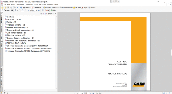Service repair manual cover for case cx130c excavator, featuring technical illustrations, detailed repair and maintenance instructions