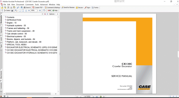 Cover of the service repair manual for case cx130c excavator, including maintenance tips and technical specifications with highlighting repair procedures