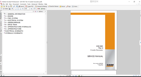 Service repair manual cover for case cx130c excavator, featuring technical illustrations, detailed repair and maintenance instructions