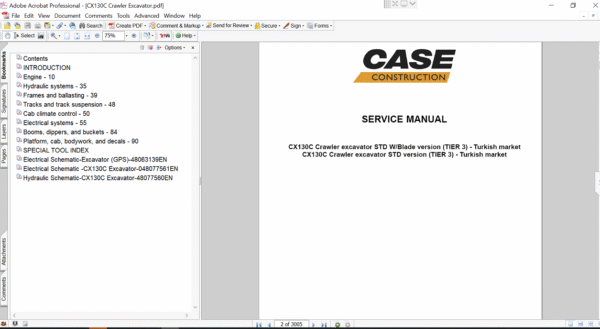 Service repair manual cover for case cx130c excavator, featuring technical illustrations, detailed repair and maintenance instructions