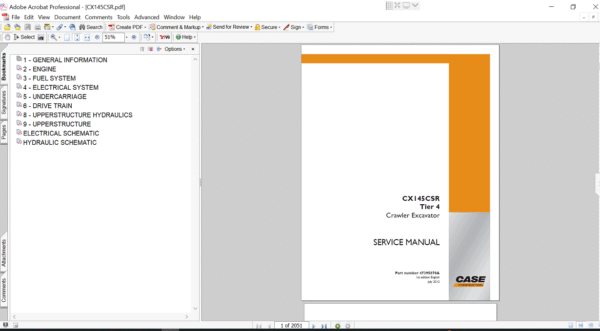 Cover of the service repair manual for Case CX145CSR Excavator, including maintenance tips and technical specifications with highlighting repair procedures