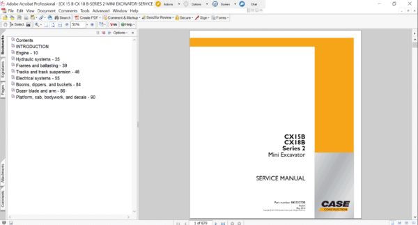 Service repair manual cover for Case cx15b excavator, featuring technical illustrations, detailed repair and maintenance instructions