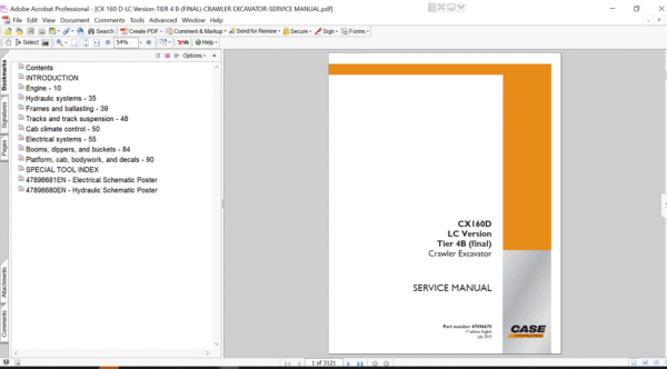 Service repair manual for Case CX160D Excavator, displaying key repair procedures and maintenance instructions
