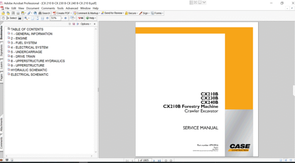 Cover of the service repair manual for case cx210b excavator, including maintenance tips and technical specifications with highlighting repair procedures