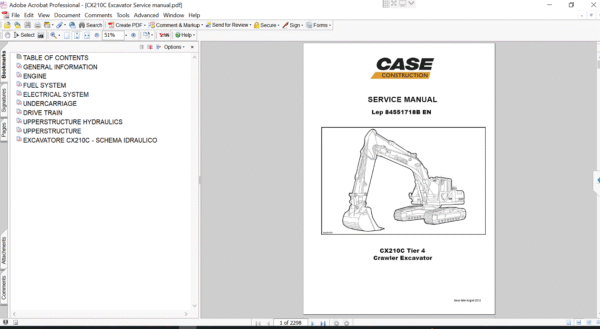 Service repair manual for Case CX210C Excavator, displaying key repair procedures and maintenance instructions