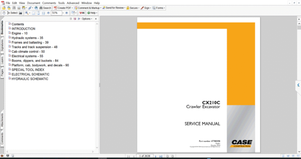 Service repair manual for Case CX210C Excavator, displaying key repair procedures and maintenance instructions