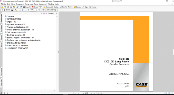 Service repair manual for Case CX210D Excavator, displaying key repair procedures and maintenance instructions