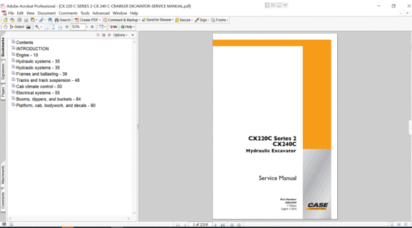Cover of the service repair manual for Case CX220C Series 2 Excavator, including maintenance tips and technical specifications with highlighting repair procedures