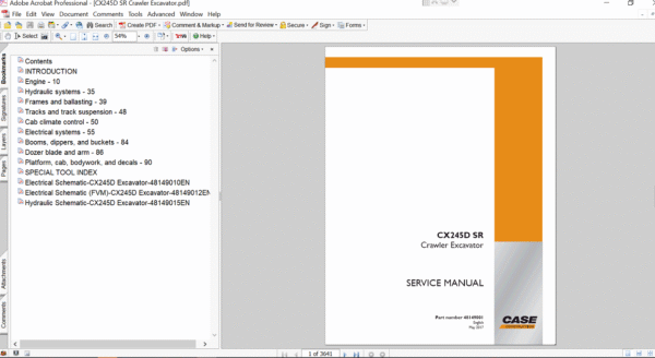 Service repair manual for case cx245d sr Excavator, displaying key repair procedures and maintenance instructions