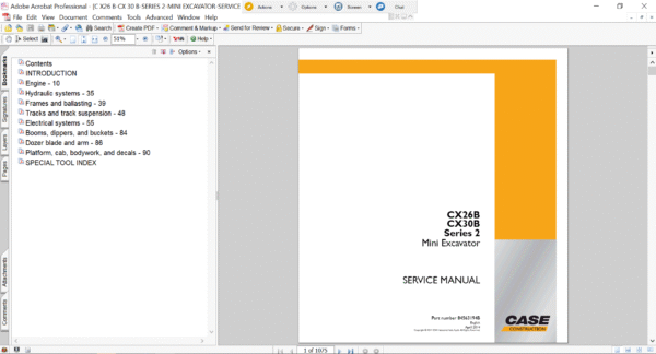 The Operator’s Manual for case cx26b excavator, featuring the Case logo and model name with a technical illustration or photo of the backhoe loader